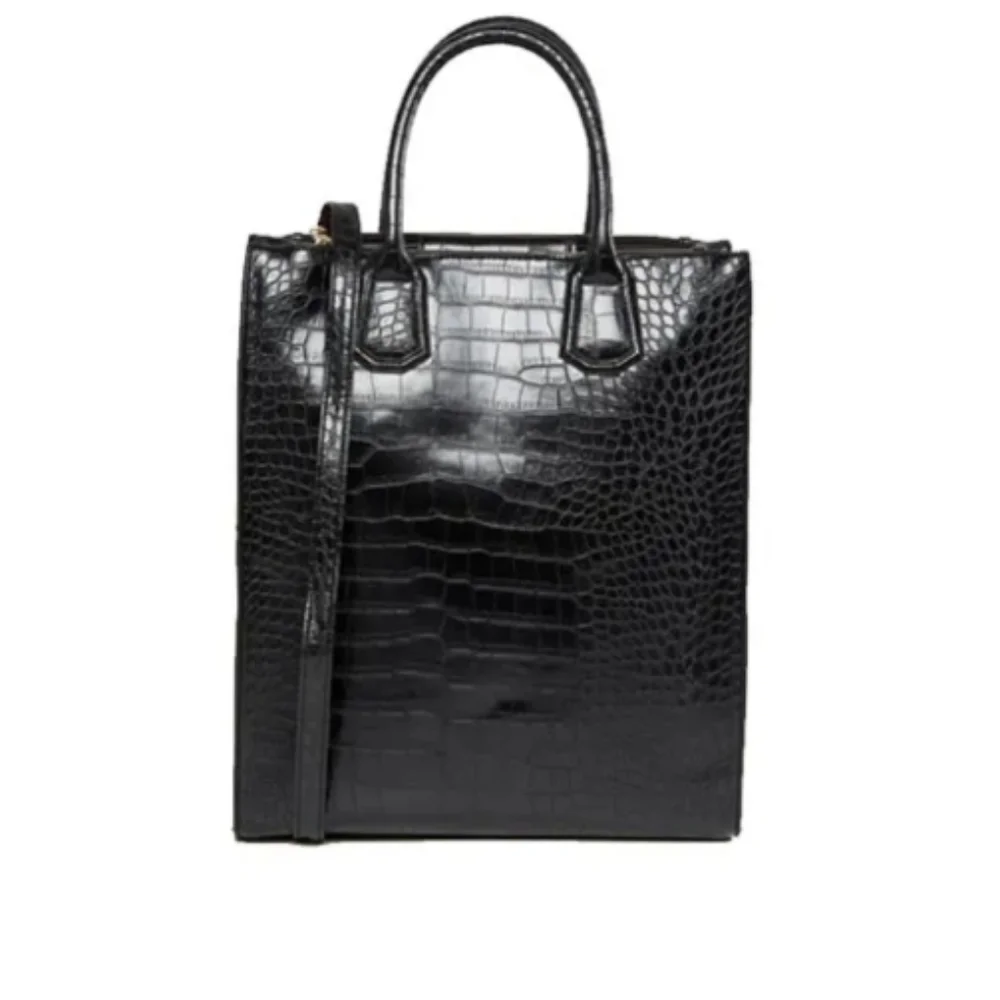 Black Croc Embossed Print Faux Leather Top Handle Square Shoulder/Tote